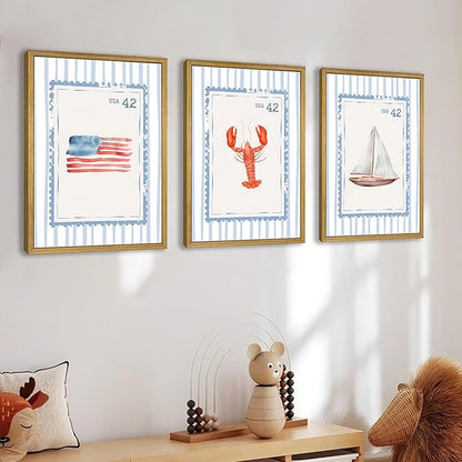 Wood Framed Blue Beach Stamp Set of 3 Canvas Poster Coastal Granddaughter Room Wall Art Decor Vintage Preppy Aesthetic Prints Artwork for Girly Dorm Apartment Ocean Home Decoration 16x24 Inch