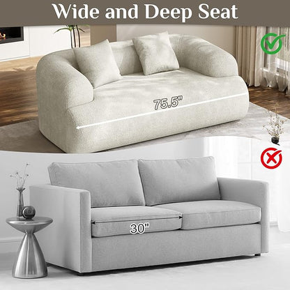 75" Boneless Cloud Loveseat, Modern Cute Curved Chenille Sofa, 2 Seater Compression Couch with 2 Pillows, No Assembly Required for Apartment Living Room, Beige White