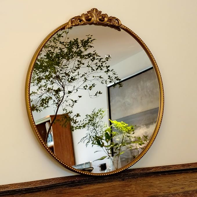 30‘’ Antique Gold Round Wall Mirror with Metal Flower Carving Frame, Small Vintage Retro Baroque Mirror Ornate, Vanity Mirror for Bathroom, Fireplace,Entryway, Living Room (round vindage gold
