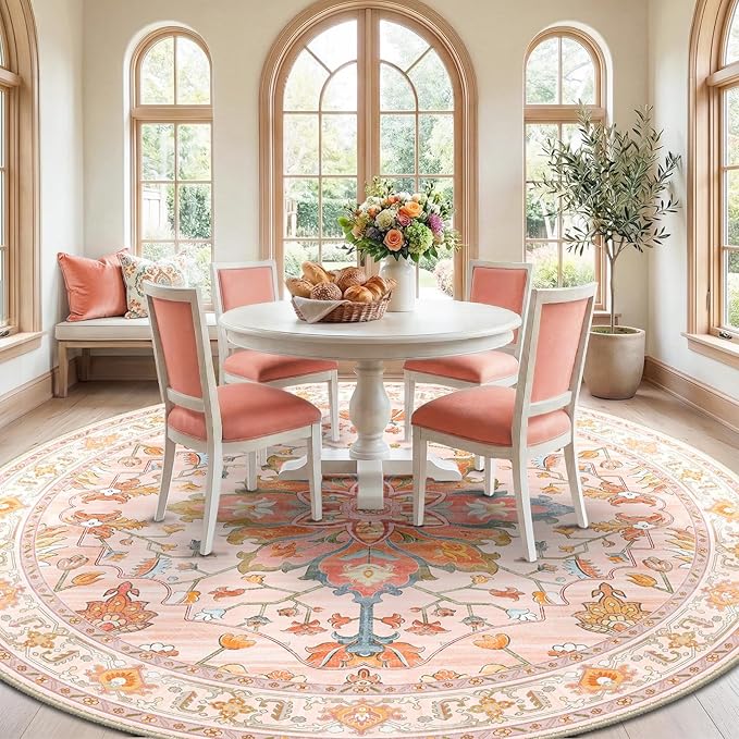 RELEANY Area Rugs Round 10ft Washable Non-Slip, Floral Vintage Distress Print Pattern Medallion Carpet for Living Room Bedroom Dining Room, Light Pink Colorful