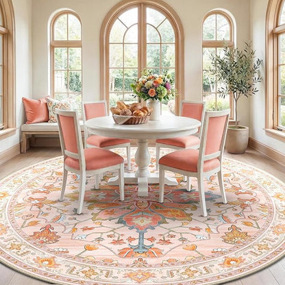 RELEANY Area Rugs Round 10ft Washable Non-Slip, Floral Vintage Distress Print Pattern Medallion Carpet for Living Room Bedroom Dining Room, Light Pink Colorful