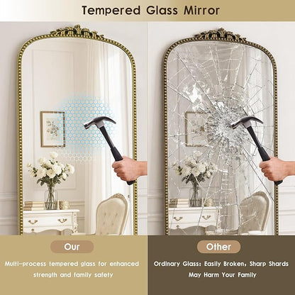 Antique Full Length Mirror 71" x 32", Antique Gold Arched Large Vintage Mirror in Baroque Style with Tempered Glass, Freestanding for Bedroom, Living Room, Cloakroom