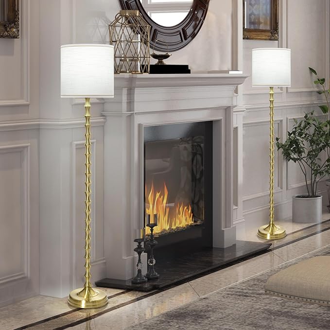 EUO 64.5'' Gold Floor Lamp, Modern Mid-Century Tall Standing Lamp with White Linen Lampshade, Decorative Lighting for Living Room, Bedroom, Office, Dining Room, Corner