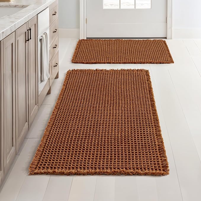 MIULEE Set of 2 Waffle Bathroom Rugs, Terracotta Boho Bath Rugs Non Slip Washable, Super Absorbent Bath Mats, Ultra Soft Rubber Backed Shower Mats for Bathroom Floor, Tub, Caramel, 17"x24"+18"x30"