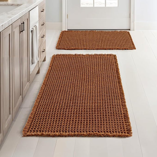 MIULEE Set of 2 Waffle Bathroom Rugs, Terracotta Boho Bath Rugs Non Slip Washable, Super Absorbent Bath Mats, Ultra Soft Rubber Backed Shower Mats for Bathroom Floor, Tub, Caramel, 17"x24"+18"x30"