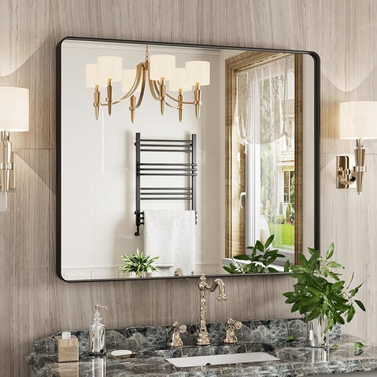 JISOSO Black Bathroom Mirror 30X36 Inch, Black Metal Framed Mirror for Wall, Rounded Rectangle Matte Bathroom Vanity Mirror with Tempered Glass, Anti-Rust, Horizontal/Vertical