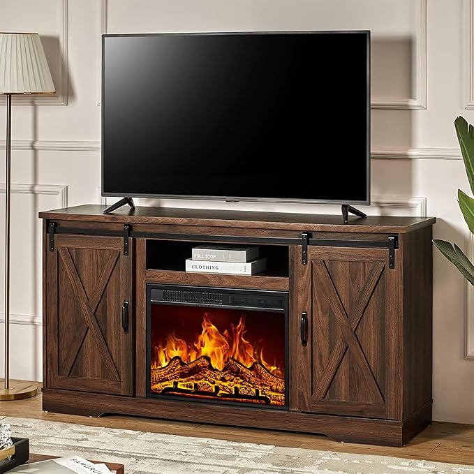 AMERLIFE 59" Fireplace TV Stand for TVs up to 65", Farmhouse Entertainment Center with Sliding Barn Doors, Storage Cabinets and Adjustable Shelves, Dark Walnut