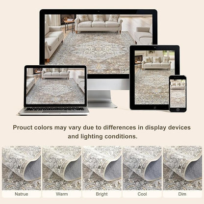 5x7 Washable Area Rugs for Living Room: Non Slip Vintage Brown Gray Rug, Large Soft Stain Resistant Indoor Floor Carpets for Bedroom Dining Room Nursery Home Office Kid & Pet Friendly