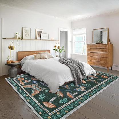 Mushroom 8 X 10 Rug for Living Room Non Slip Washable 8x10 Rug for Bedroom with Rubber Back Soft Low-Pile Stain Resistant Foldable Large Carpet for Office Nursery Dining Room Black