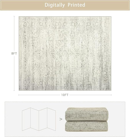 Srugn Washable Rugs 8x10 Area Rugs for Living Room,Bedroom,Dining Room- Large Ultra Soft Faux Wool Retro Carpets,Non Slip&Non-Shedding Low Pile Vintage Print Rug for Home Office Decor-Beige
