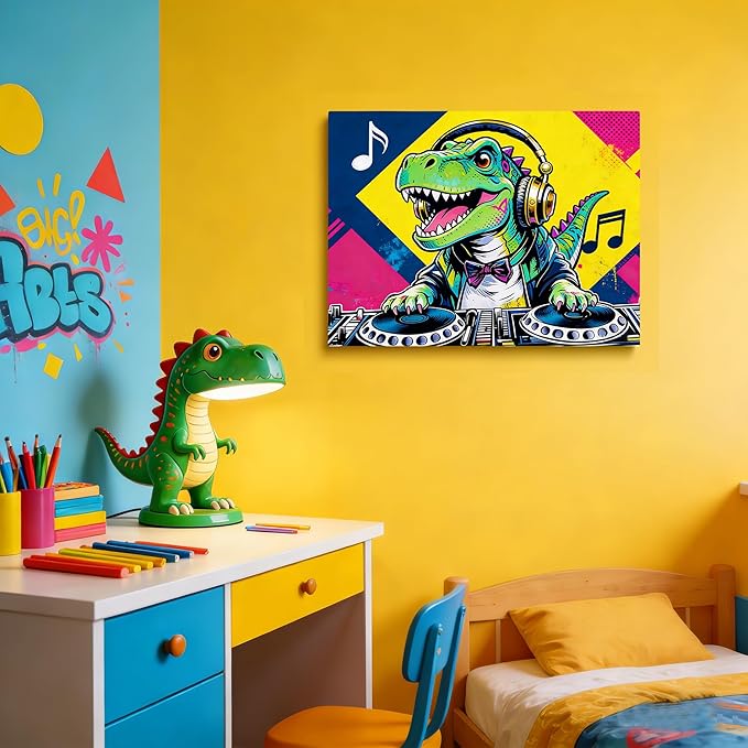 16x24 Pop DJ Dinosaur Canvas Wall Art Prints, Graffiti T-Rex Music Decor with Headphone & Turntable, Colorful Wall Painting for Teen Boy/Kids Bedroom, Child Home Painting Vibrant Hanging Game Poster