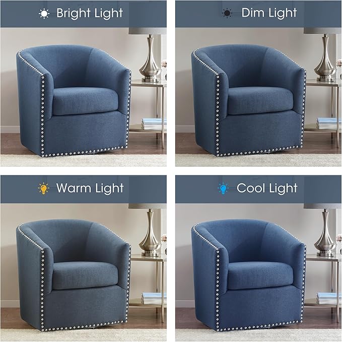 Madison Park Swivel Barrel Accent Chair, Upholstered Curved Back with 7-Inch Thick Woven Cushion, 360° Swivel, Nailhead Trim, Comfy Chair for Living Room, Bedroom, Office, 28" Wide, Blue, Tyler