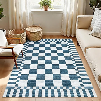 GarveeHome Blue and White Checkered Rug,Washable 3x5 Rug Non Slip for Entryway, Soft Low-Pile, Modern Farmhouse Geometric Small Area Rugs for Bedroom Kitchen
