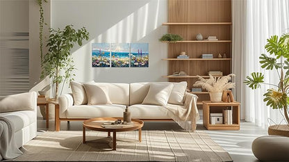 TutuBeer 3 Pcs Boho Beach Coastal Vintage Floral Wall Picture Rustic Wildflower Field Vintage Wall Art Canvas Prints Daisy Flowers Sea Canvas Print Farmhouse Wall Art for Home Wall Decor 12x16inchx3