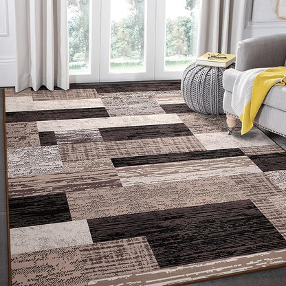 FlyDOIT Modern Geometric Patchwork Area Rug, 9x12 Chocolate Large Rugs for Living Room, Rockwood Collection Indoor Rugs for Bedroom, Throw Carpet Floor Decor for Entryway Dining Room Office Nursery