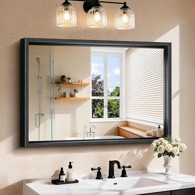 CIRCUMI 30"x42" Brushed Black Mirror with Chunky Box Metal Frame, Bathroom Mirror for Vanity Remodel & New Home, Living Room, Entryway, Rectangular Wall Mirror, Tempered Glass, Vertical or Horizontal