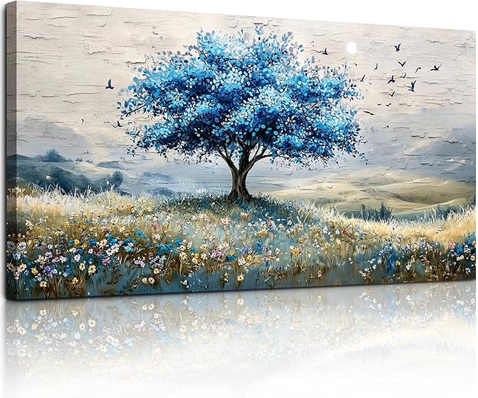 SERIMINO Tree of Life Large Wall Art, Country Landscape Canvas Art Prints, Blue Tree Nature Artwork for Walls, Modern Wall Pictures for Living Room Bedroom Dining Room, Rustic Farmhouse Decor 29"X57"