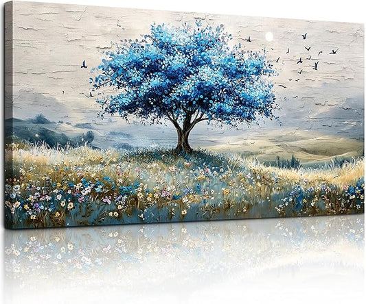 SERIMINO Tree of Life Landscape Wall Art, Blue Tree Aesthetic Large Artwork, Nature Botanical Decor Canvas Prints, Rustic Scenery Modern Pictures Wall Decor Living Room Bedroom Home Office 20"X40"