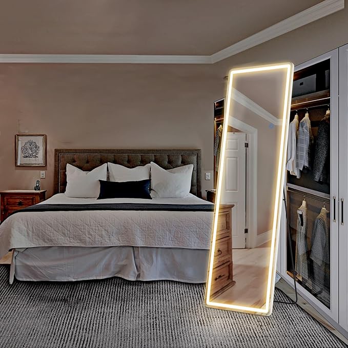 OLIXIS 21"×64" LED Full Length Mirror with Lights, Standing Lighted Floor Full Body Mirror with 3 Color Lighting, Wall Mounted Mirrors for Bedroom, Bathroom, Entryway with Tempered Glass