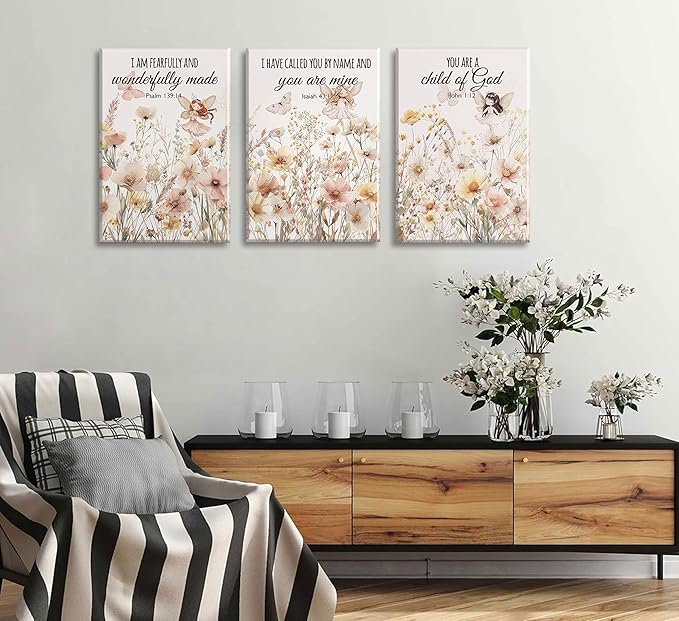 3Pcs Christian Nursery Canvas Wall Art Wildflower Bible Verse Painting Vintage Flower Scripture Pictures Wall Decor Butterfly Girl Floral Posters Prints for Girls Baby Room Living Bedroom Framed