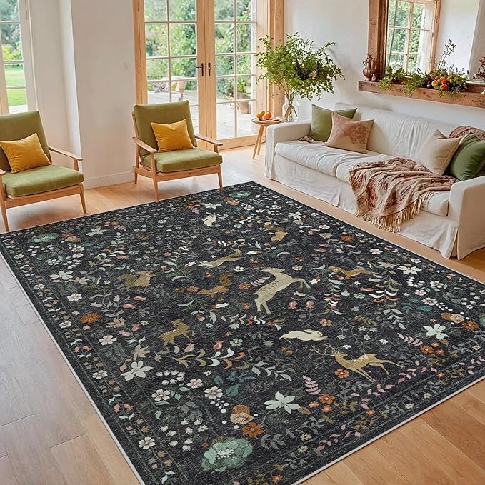 5x7 Area Rugs Washable Rug: Lagre Boho Living Room Rug Soft Non-Slip Thin Carpet Indoor Floor Non-Shedding Neutral Floral Carpets for Bedroom Dining Room Farmhouse Nursery Black