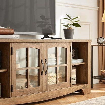 LINSY HOME TV Stand for 75 Inch TV, Modern Farmhouse Entertainment Center with Storage Cabinets and Glass Doors, Tall Media Console Table for Living Room, Bedroom, Large Long Television Stand, Brown