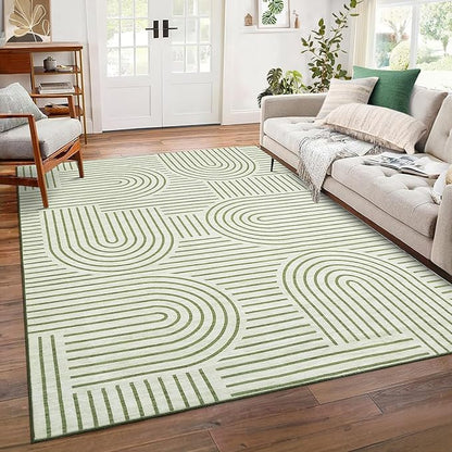 ROYHOME Washable Rug 8x10 Area Rugs for Living Room, Abstract Rug for Bedroom, Soft Rainbow Non Slip Throw Rugs with Rubber Back, Low Pile Stain Resistant Boho Geometric Carpet for Dining Room, Green