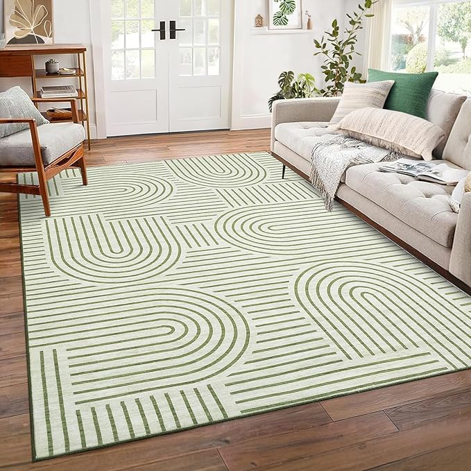 ROYHOME Washable Rug 6x9 Area Rugs for Living Room, Abstract Rug for Bedroom, Soft Rainbow Non Slip Throw Rugs with Rubber Back, Low Pile Stain Resistant Boho Geometric Carpet for Dining Room, Green