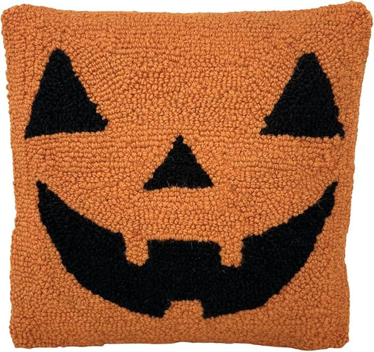 Hand Hooked Halloween Pillow - 12X12 inches Throw Pillow for Couch or Dorm (Jack O Lantern)
