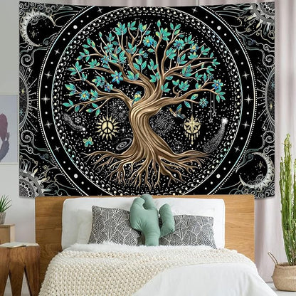 Lunerfex Tree of Life Tapastry Butterfly Moon Tapastry Flower Green Tree Tapestries Mandala Wall Hanging for Bedroom and Living Room Decor 70×90 Inches