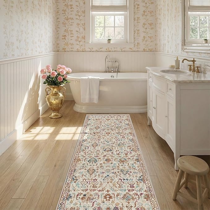 Beige Colorful 2x6 Runner Rug for Hallways Bed Side Kitchen, Boho Washable Low-Pile Floor Entryway Long Bathroom Mat, Non-Slip Laundry Room Washstand Front Carpet Green 24x72 Inch