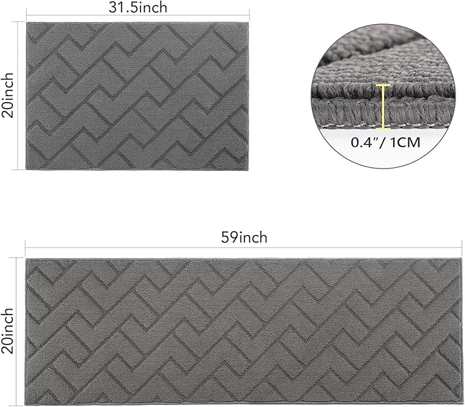 hicorfe Kitchen Runner Rugs and Mats Sets,2 Pieces Absorbent Non-Slip Kitchen Rug,Comfort Kitchen Mat for Floor,Washable for Kitchen,Hallway,Office,Sink,Laundry(20"x59"+20"x32",Grey)
