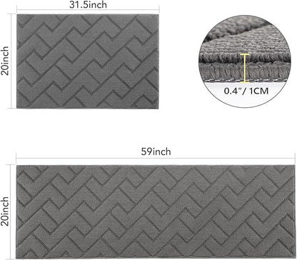 hicorfe Kitchen Runner Rugs and Mats Sets,2 Pieces Absorbent Non-Slip Kitchen Rug,Comfort Kitchen Mat for Floor,Washable for Kitchen,Hallway,Office,Sink,Laundry(20"x59"+20"x32",Grey)