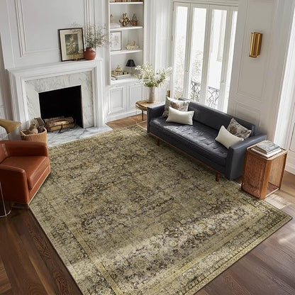 Washable 6x9 Area Rugs for Living Room, Boho Non-Slip Vintage Distress Large Rugs for Bedroom Dining Room Nursery Office, 0.3" Neutral Oriental Throw Thin Carpet, Moss/Yellow/Multi, C3