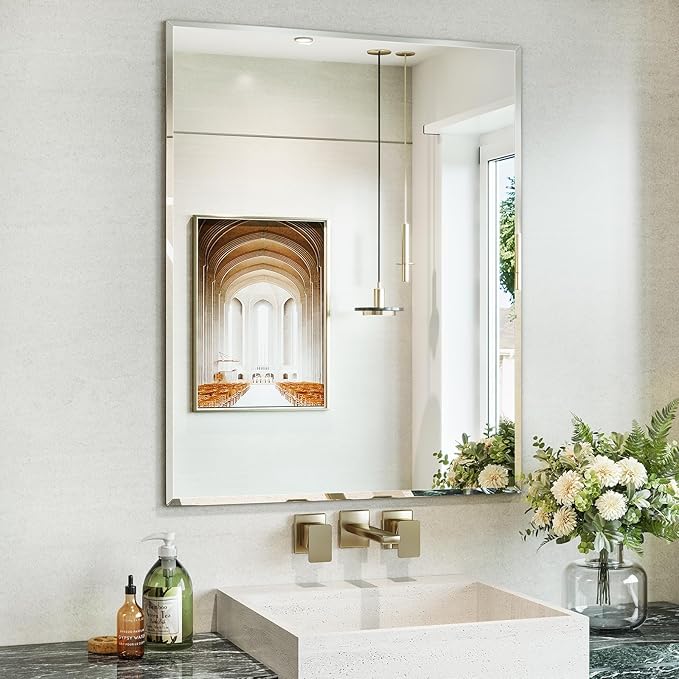 24"x30" Frameless Beveled Bathroom Wall Mirror, Rectangle Bathroom Wall Mirror with 4mm Tempered Glass for Over Sink, Bedroom, Living Room, Vanity, Hangs Horizontally or Vertically