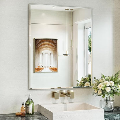 24"x30" Frameless Beveled Bathroom Wall Mirror, Rectangle Bathroom Wall Mirror with 4mm Tempered Glass for Over Sink, Bedroom, Living Room, Vanity, Hangs Horizontally or Vertically
