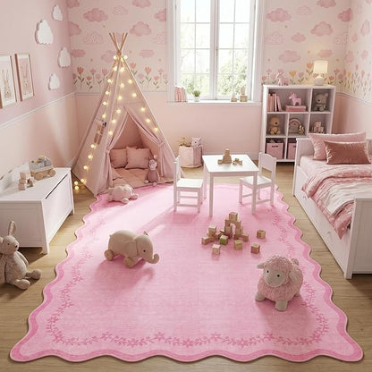 GarveeHome 4x6 Pink Valentines Scalloped Washable Area Rug for Girls Bedroom, Solid Floral Soft Nursery Rug Non Slip Low Pile Small Carpet Stain Resistant Throw Rug for Dorm Kids Room Dining Room