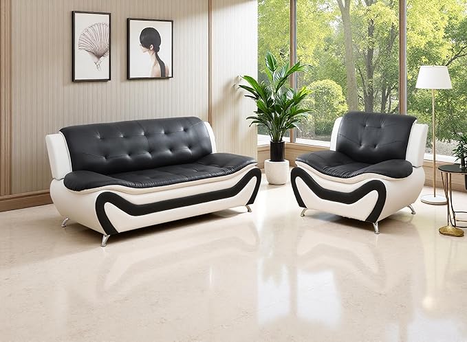 Living Room Sofa Set, 2PCS Living Room Furniture Sets, Faux Leather Couches, Black&White Sofa and Chair for Bedroom, Apartment
