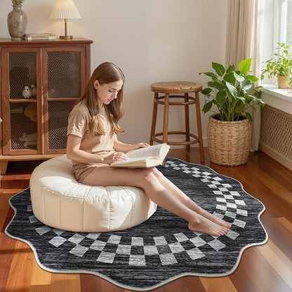 6ft Washable Round Rug for Entryway Modern Checkered Bedroom Circle Rug Non Slip Soft Dining Room Round Throw Carpet Large Stain Resistant Border Round Rugs for Living Room Kitchen Bathroom, Grey