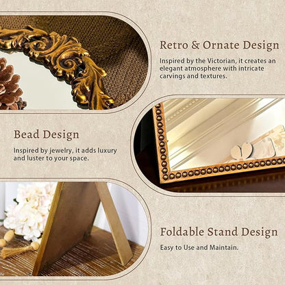 Vintage Makeup Mirror with Stand : 12.1"x9.8" Arched Antique Gold Vanity Mirror for Dresser - Baroque Standing Tabletop Ornate Decor for Desk/Living Room/Bedroom