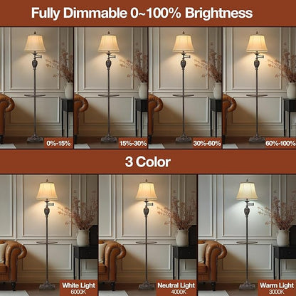 Traditional LED Floor Lamp with 350° Adjustable Swing Arm Lamp – Vintage Standing Pole lamp for Living Room, Bedroom and Office – Rustic Upright Floor Light for Home Décor with Silk Fabric Shade
