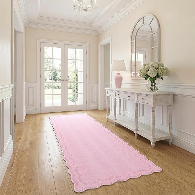 GarveeHome 2.5x8 Scalloped Washable Runner Rug for Bedroom, Soft Pink Long Hallway Runner Non Slip Entryway Rug Farmhouse Thin Laundry Mat Stain Resistant Carpet for Kitchen Bathroom Rug