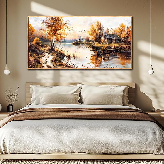 QIYILEXWART Canvas Wall Art For Living Room Wall Decor For Bedroom Office Wall Decoration Lakeside Cabins Autumn Landscape Painting Farmhouse Pictures Artwork Room Aesthetic Home Decor 20x40 In