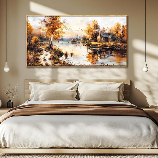 QIYILEXWART Canvas Wall Art For Living Room Wall Decor For Bedroom Office Wall Decoration Lakeside Cabins Autumn Landscape Painting Farmhouse Pictures Artwork Room Aesthetic Home Decor 20x40 In