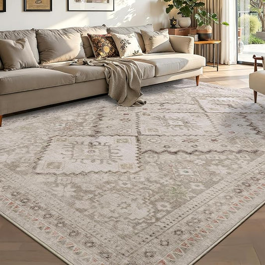 YOH Boho Washable Rug 5x7, Beige Grey Vintage Non Slip Area Rug, Distressed Indoor Carpet for Living Room Bedroom Kitchen Office