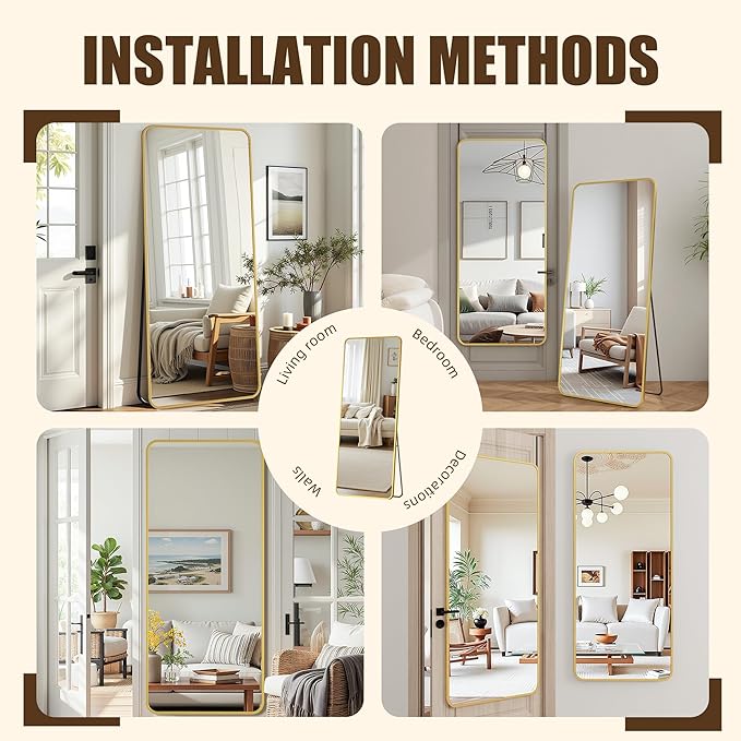 Antok Over The Door Mirror Full Length, 58'' x 21''Wall Mounted Hanging Mirror, Aluminum Alloy Frame, Shatterproof Glass, No Drill Installation for Bedroom, Closet, Bathroom, Dorm, Round Corner,Gold