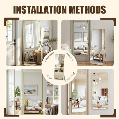 Antok Over The Door Mirror Full Length, 58'' x 21''Wall Mounted Hanging Mirror, Aluminum Alloy Frame, Shatterproof Glass, No Drill Installation for Bedroom, Closet, Bathroom, Dorm, Round Corner,Gold