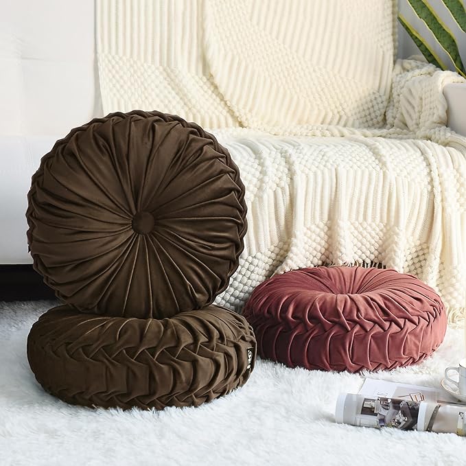HIG Set of 2 Decorative Round Pleated Throw Pillows,Classy Accent Pumpkin Throw Pillows with Center Button,Vintage Velvet Floor Pillows for Sofa Vanity Chair Bed,Chocolate,14.5" Diameter(Ripple)