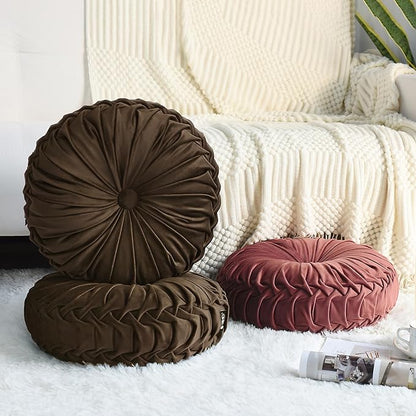 HIG Set of 2 Decorative Round Pleated Throw Pillows,Classy Accent Pumpkin Throw Pillows with Center Button,Vintage Velvet Floor Pillows for Sofa Vanity Chair Bed,Chocolate,14.5" Diameter(Ripple)