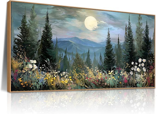 BQVCT Mountain Landscape Wall Art with Pine Trees and Wildflowers 20x40 Inch Full Moon Nature Scene Canvas Print with Wood Frame Forest Cabin Decor for Living Room Bedroom Office
